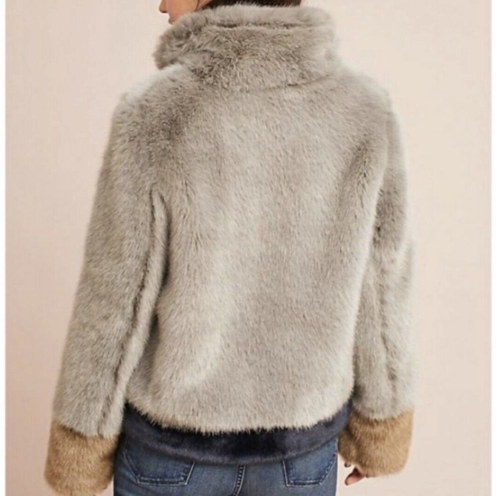 Molliolli Anthropologie Gray Colorblock Teddy Eco Fur Coat Jacket XS - Picture 2 of 7